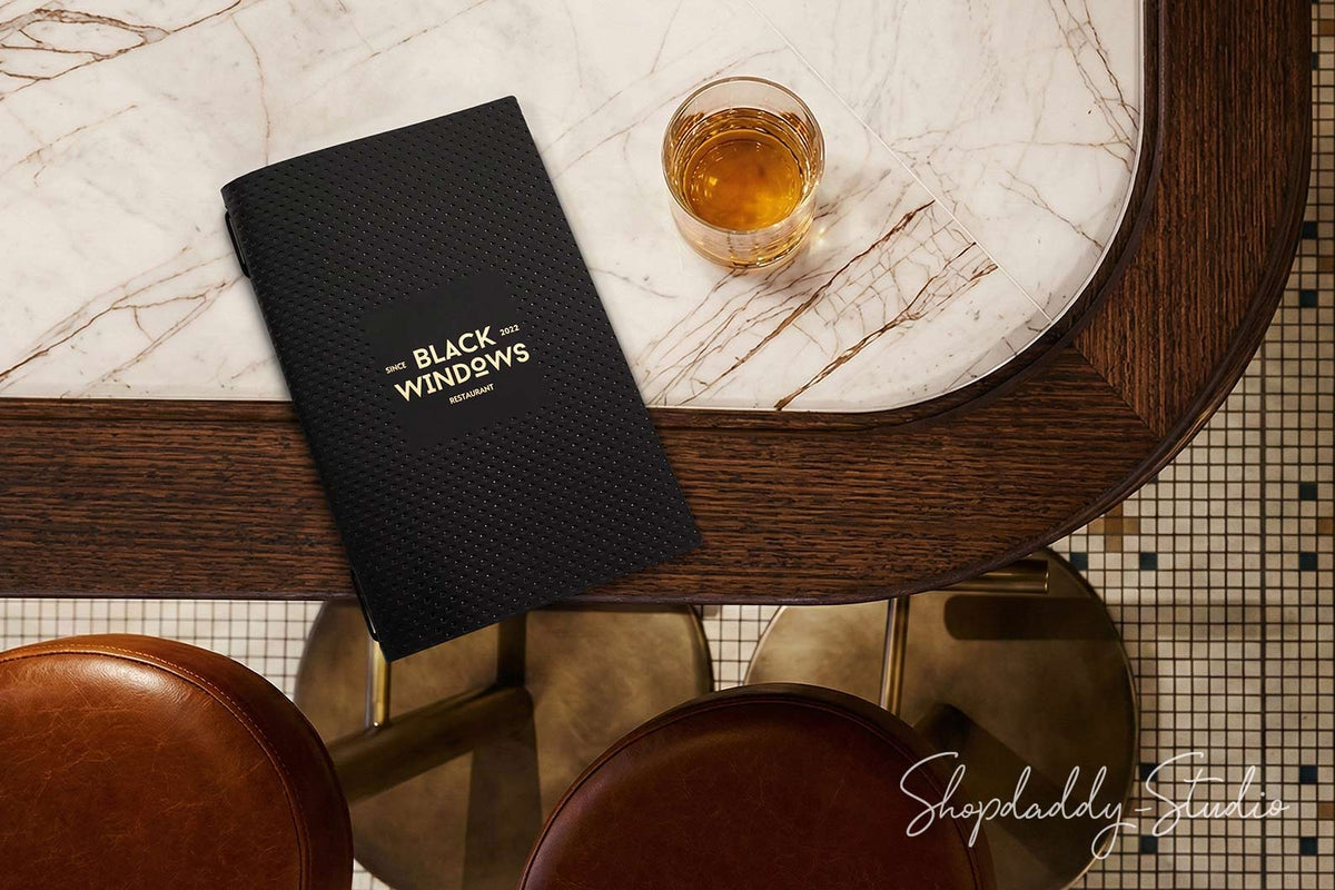 Premium Black Leather Menu Cover with Perforated Pattern
