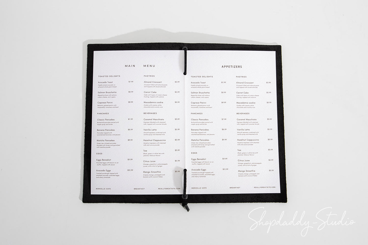 Premium Black Leather Menu Folder with Leather Lace