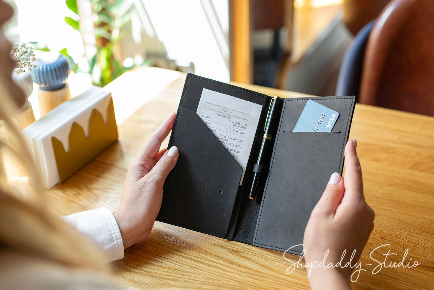 Premium Black Leather Server Book with Pen Loop