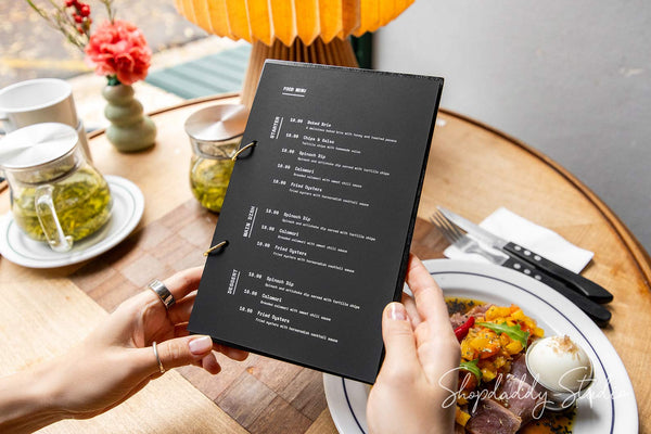 Premium Black Plywood Menu Book with Golden Rings