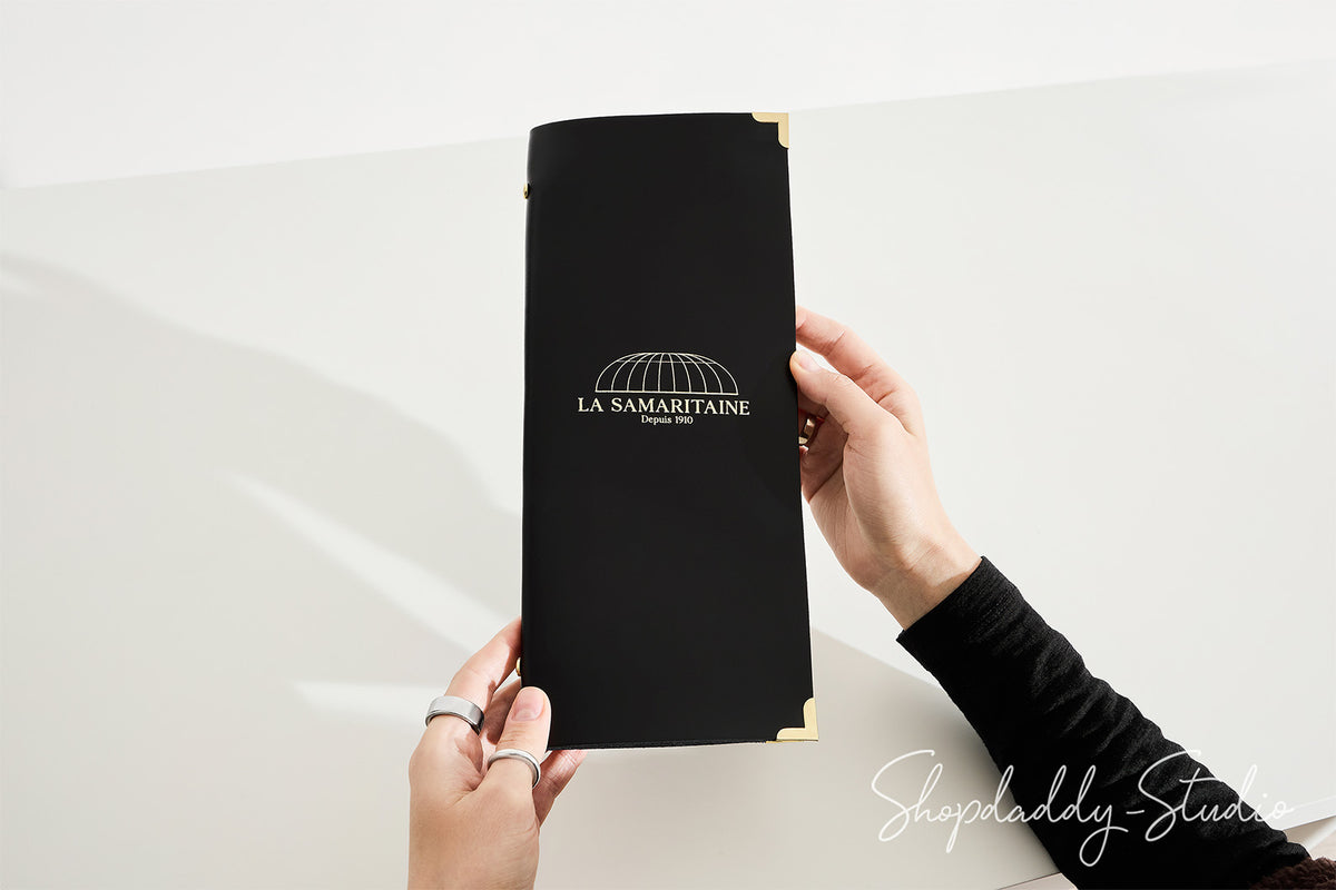 Premium Black Thick Leather Menu Cover with Plastic Sleeves and Corners