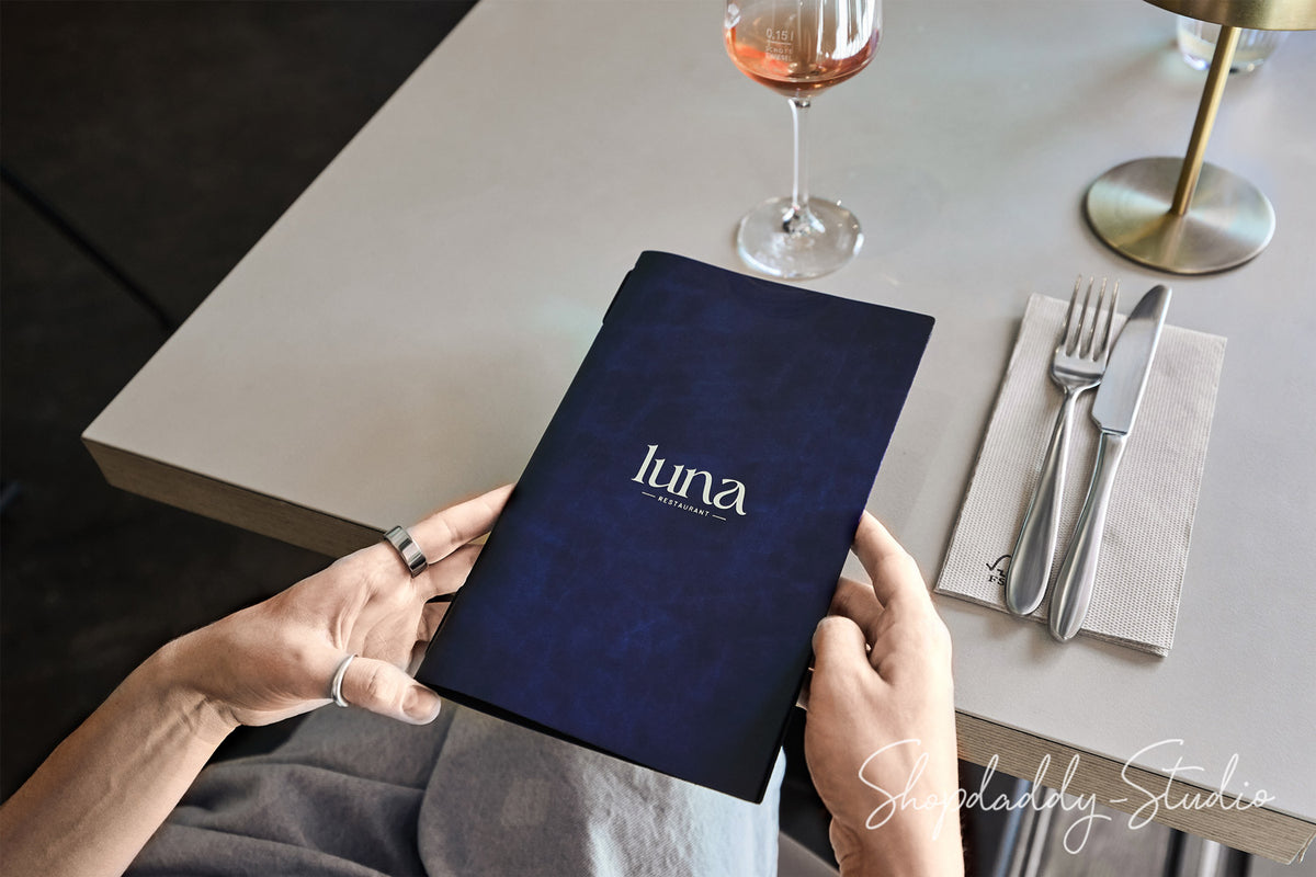 Premium Blue Recycled Leather Menu Cover with Elastic Band