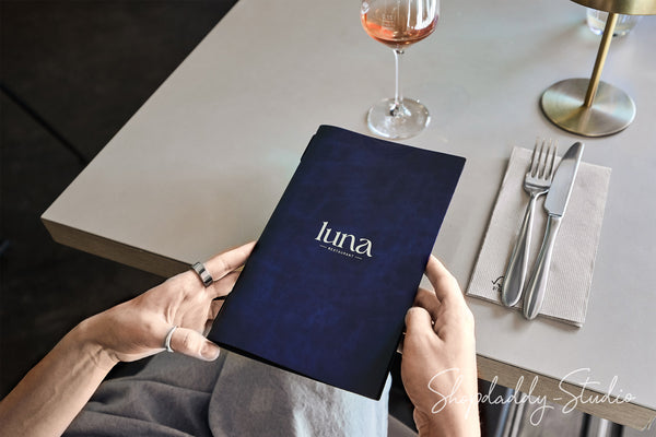 Premium Blue Recycled Leather Menu Cover with Elastic Band