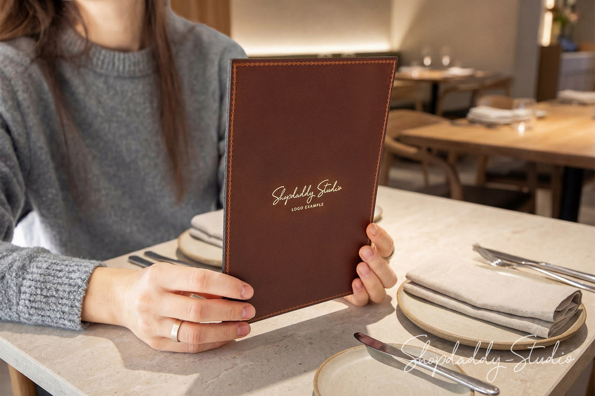 Premium Brown Leather Menu Holder with Top & Bottom Pockets