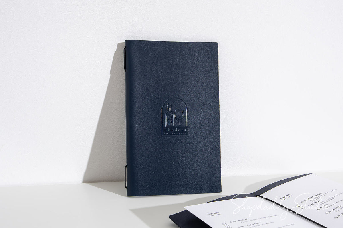Premium Dark Blue Thick Leather Menu Cover with Elastic Band