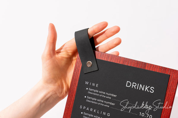 Premium Mahogany Menu Holder with Leather Loop