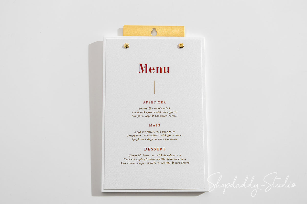 Premium Plywood White Menu Holder with Brass Wall Mount