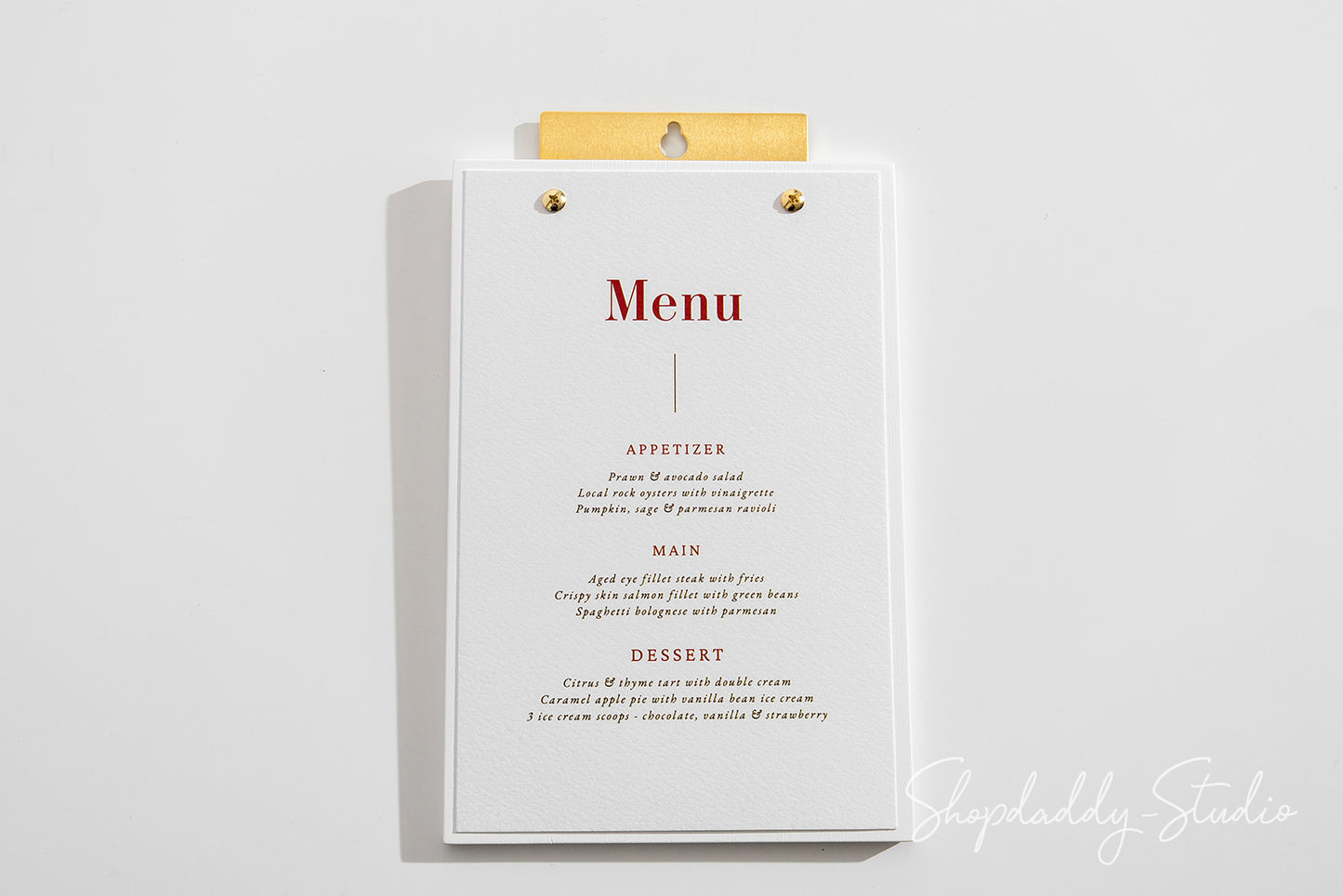 Premium Plywood White Menu Holder with Brass Wall Mount