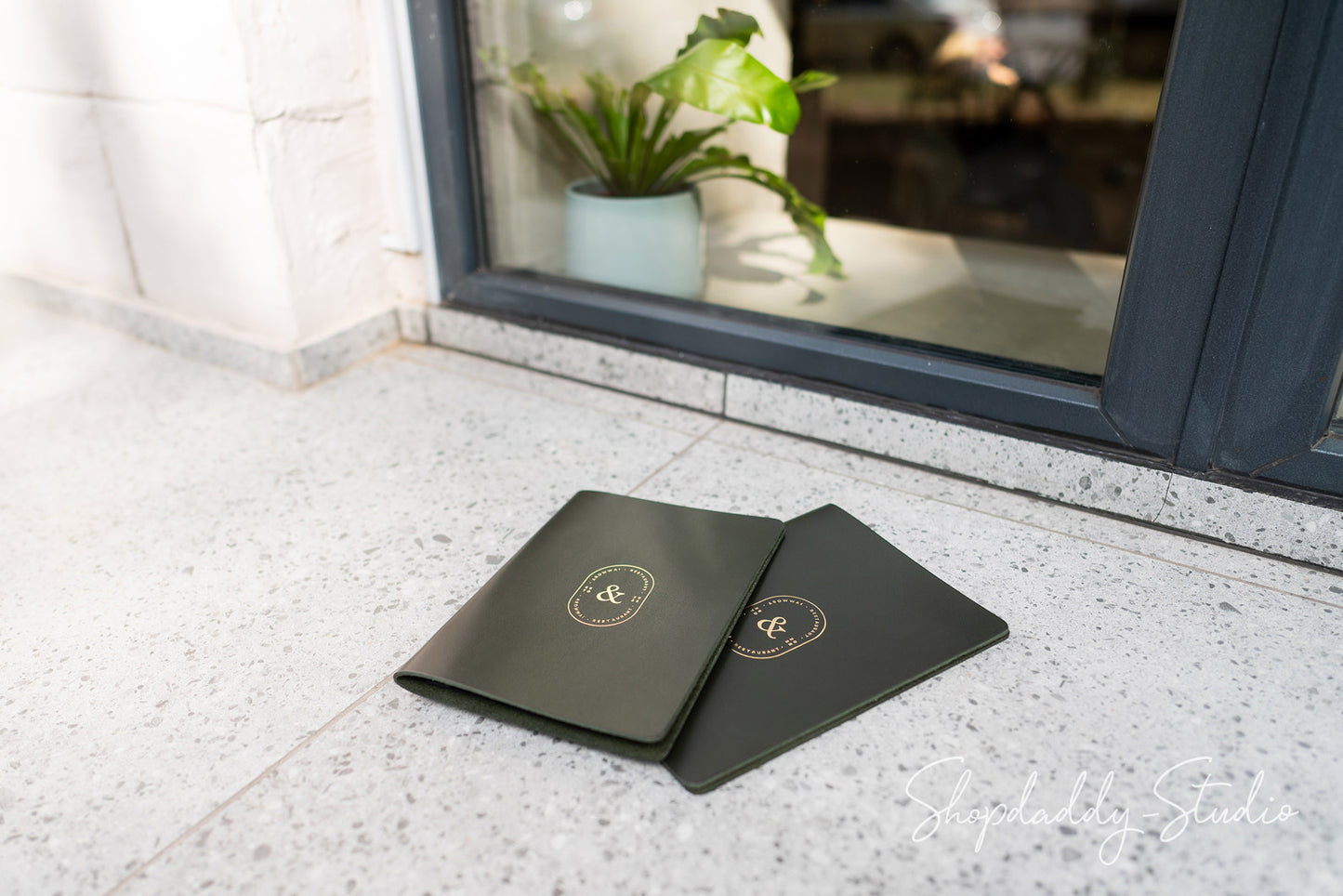 Green Leather Menu Folio with Plank for restaurant