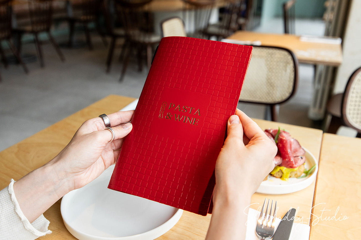 Premium Red Leather Menu Book with Woven Pattern