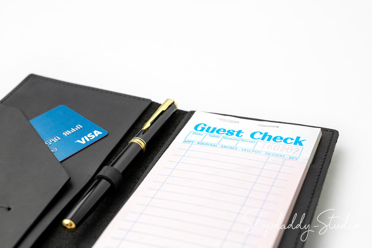 Professional Black Leather Server Book with Pen Loop