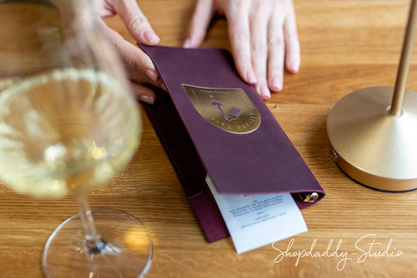 Purple Leather Check Presenter with Pen Loop for Cafes and Bars
