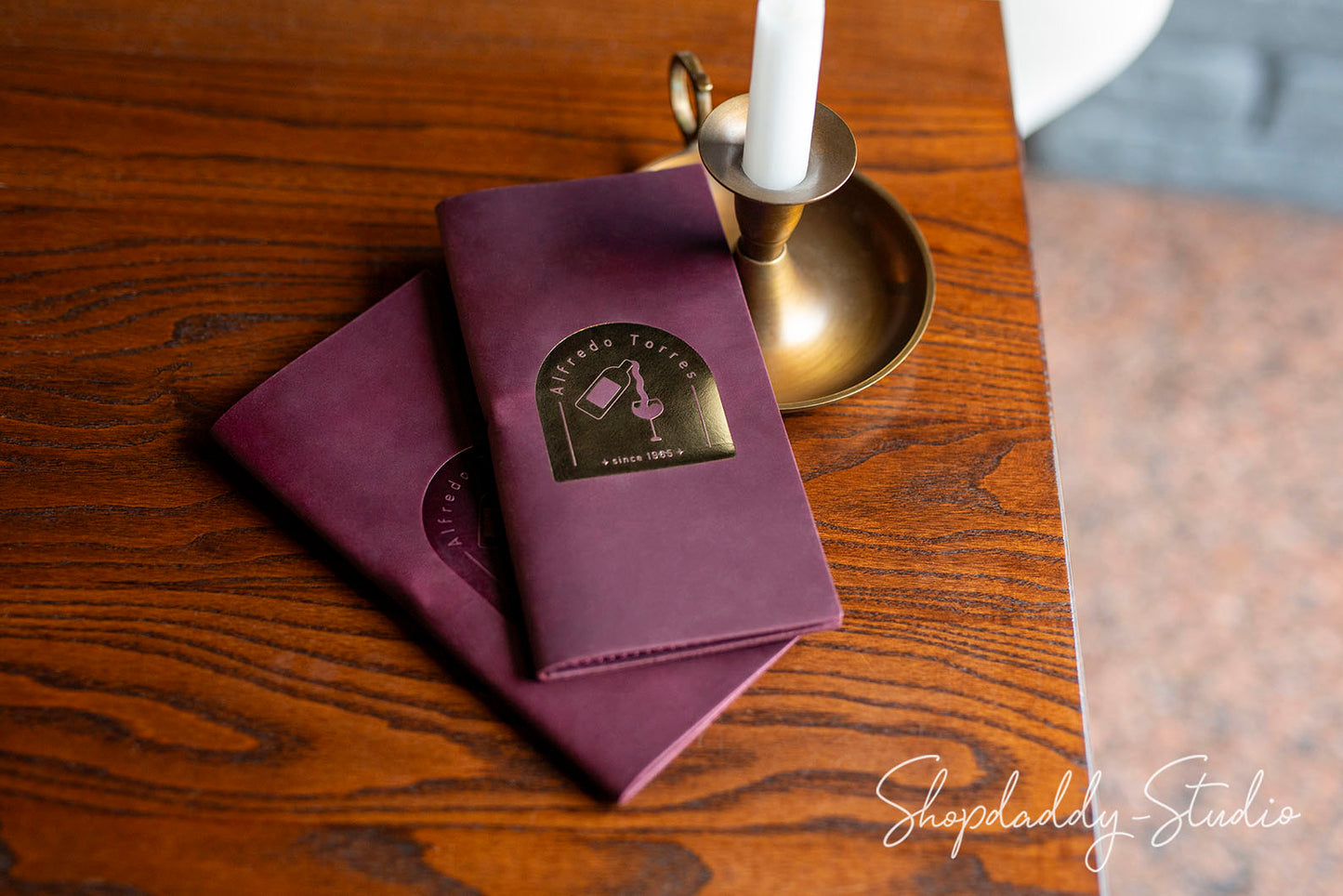 Purple Leather Check Presenter with Pen Loop for Restaurants