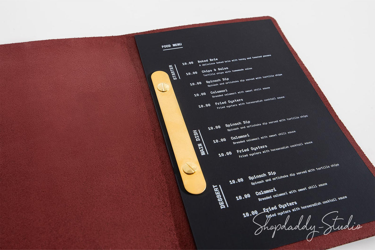 Purple Thick Leather Menu Cover with Brass Plank for Menu Presentation