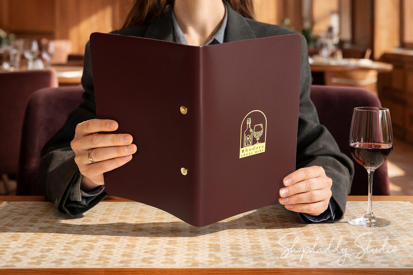 Purple Thick Leather Menu Cover with Brass Plank for Restaurants