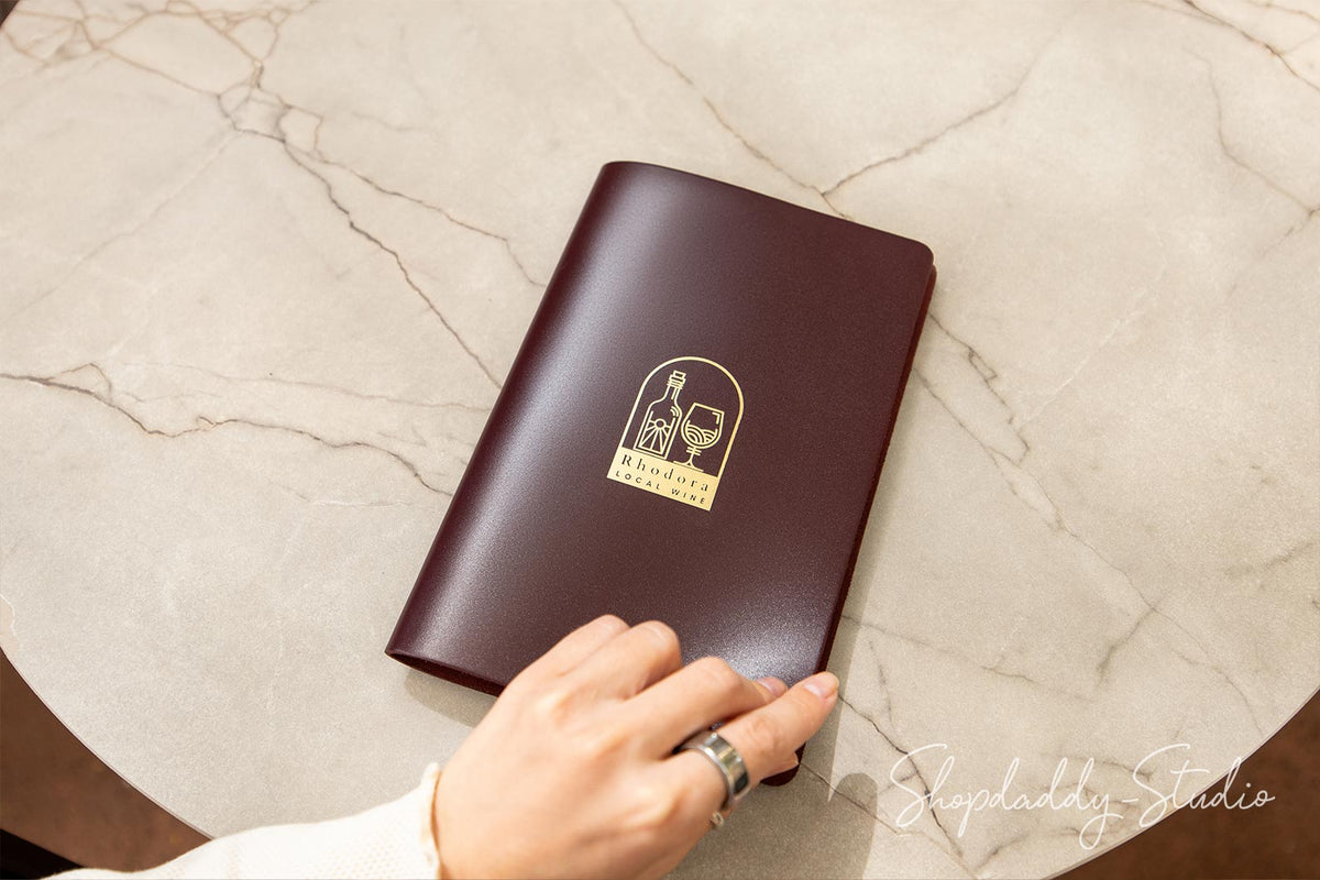 Purple Thick Leather Menu Cover with Brass Plank with Custom Logo