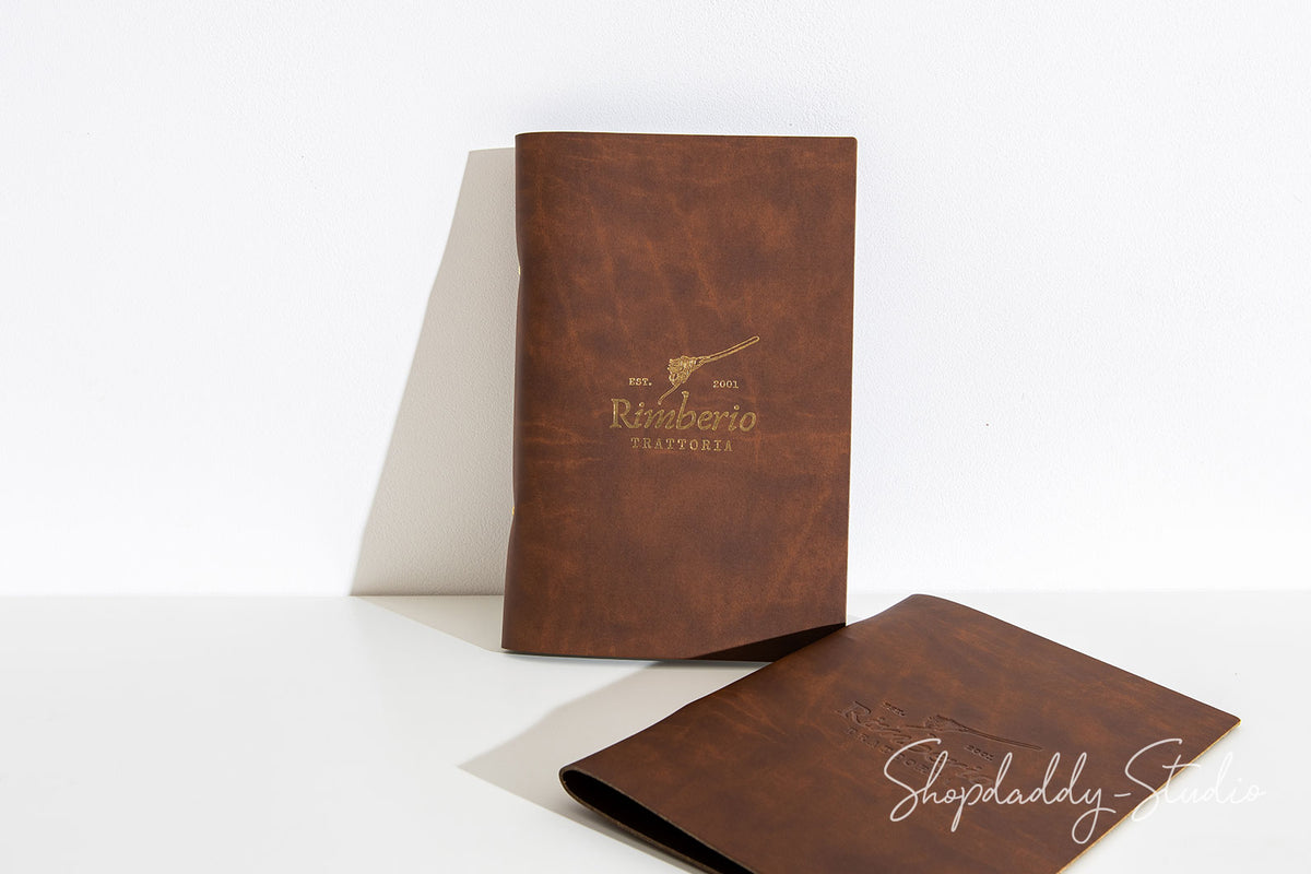 Recycled Antique Brown Leather Menu Book with Rings Mechanism for cafe