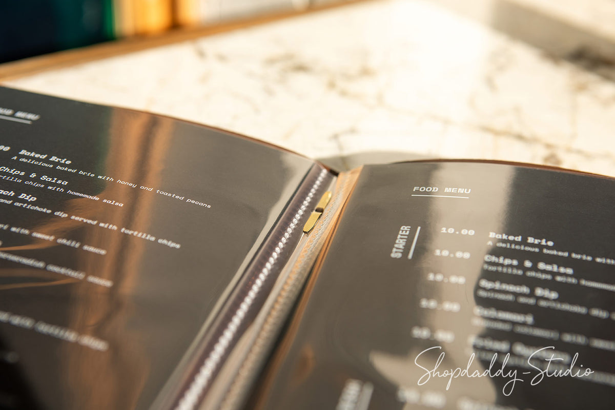 Recycled Antique Brown Leather Menu Folder With Plastic Sleeves for bar