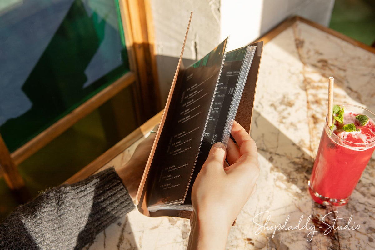 Recycled Antique Brown Leather Menu Folder With Plastic Sleeves for cafe