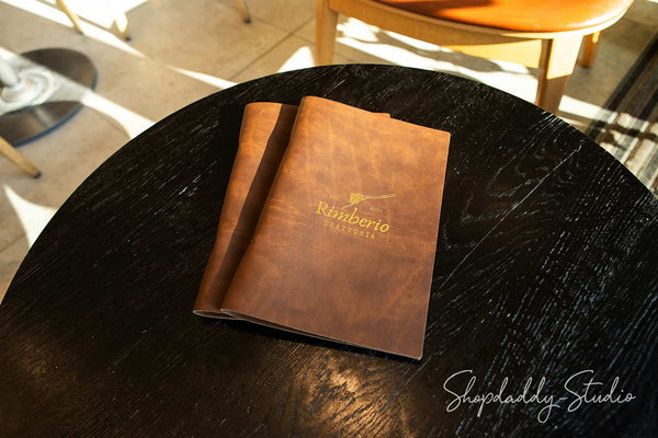 Recycled Antique Brown Leather Menu Folder with Rings Mechanism for cafe