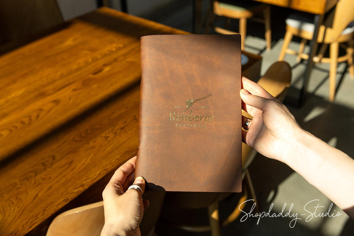 Recycled Antique Brown Leather Menu Holder with Rings Mechanism for cafe