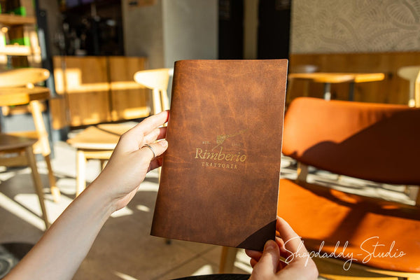 Recycled Antique Brown Leather Menu Holder with Rings Mechanism for restaurant