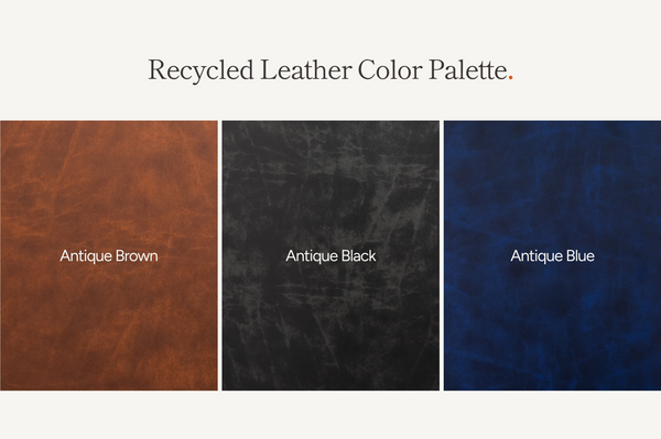 Three recycled leather swatches labeled 'Antique Brown', 'Antique Black', and 'Antique Blue' on a white background.