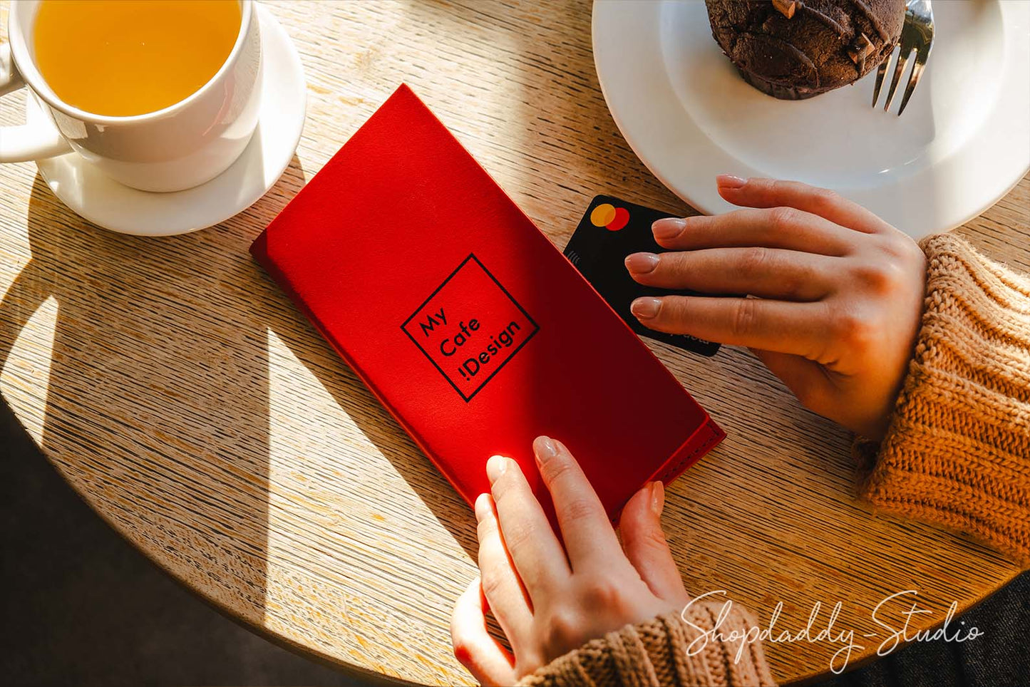 Red Italian Leather Bill Holder with Pen Loop for restaurant