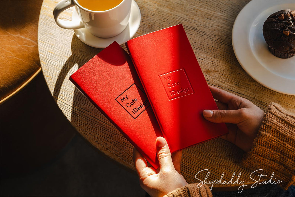 Red Italian Leather Check Presenter with Pen Loop for restaurant