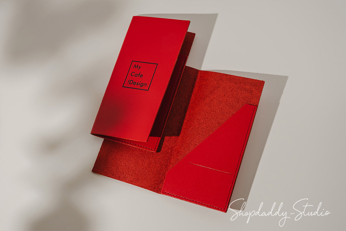 Red Italian Leather Server Book with Pen Loop for bar