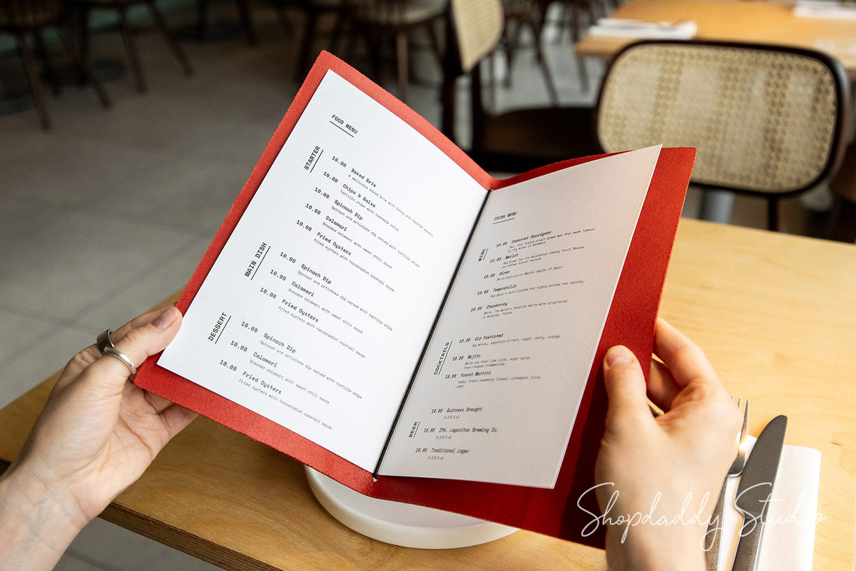Red Leather Menu Book with Woven Pattern for Cafes and Bars