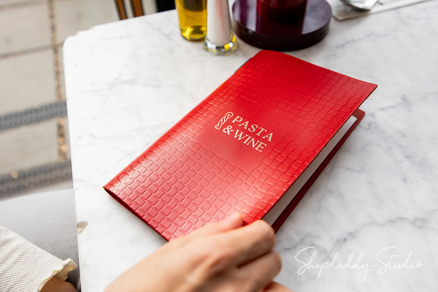 Red Leather Menu Book with Woven Pattern for Menu Presentation