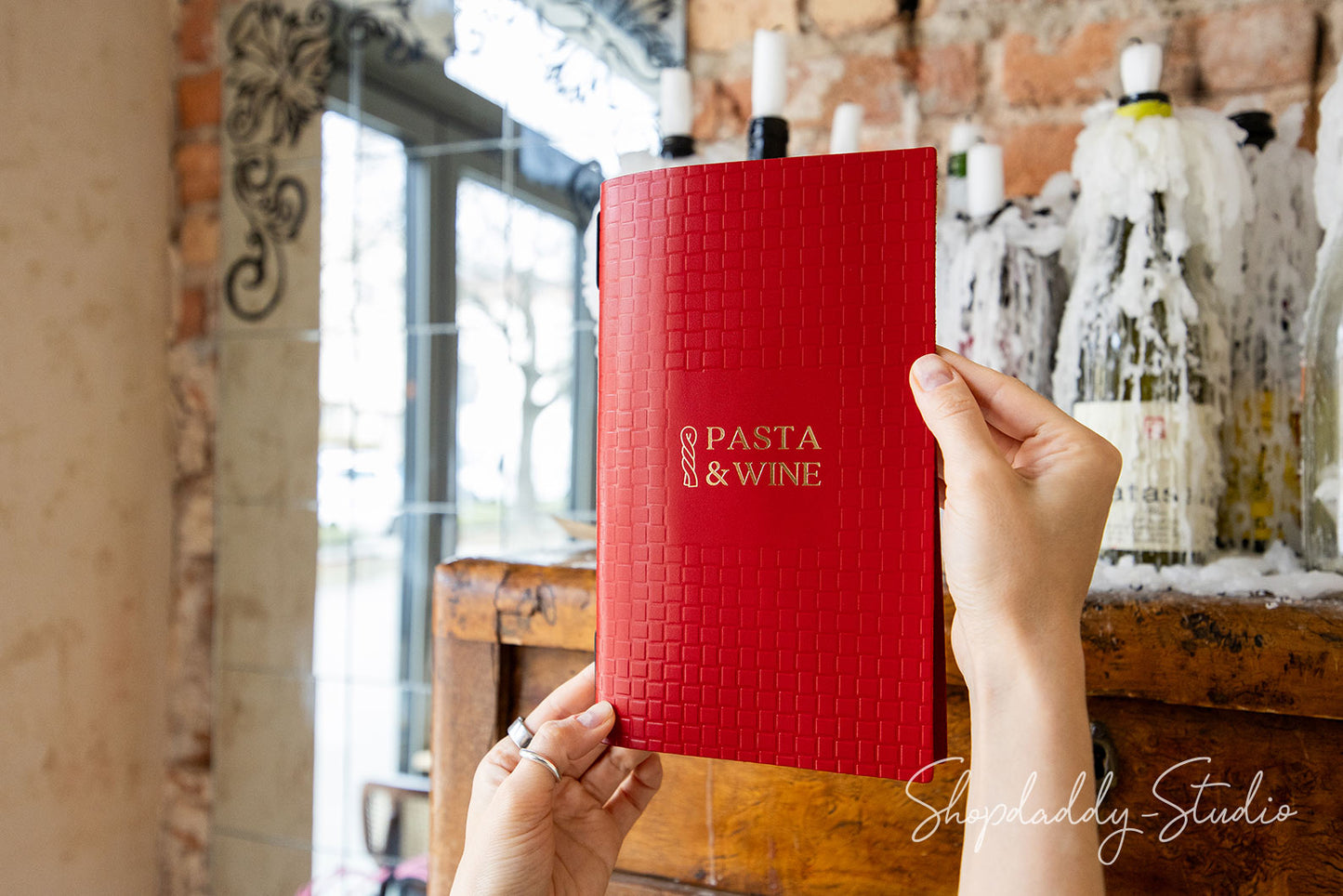 Red Leather Menu Book with Woven Pattern for Restaurants