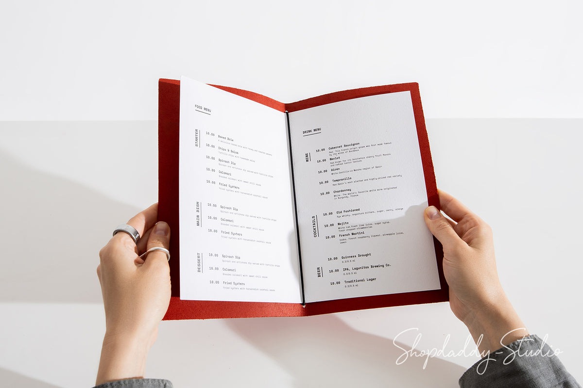Red Leather Menu Book with Woven Pattern with Custom Logo