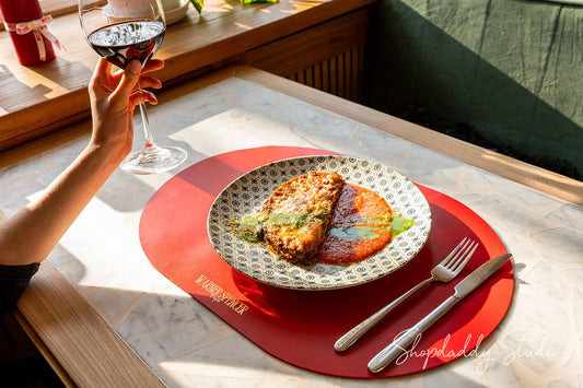 Red Thick Leather Oval Table Dining Placemat