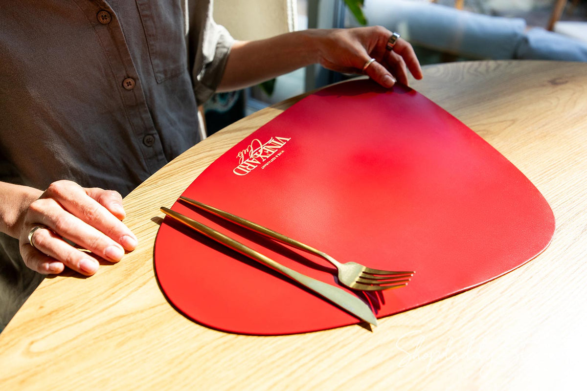 Red Thick Leather Pebble Table Dining Placemat with logo