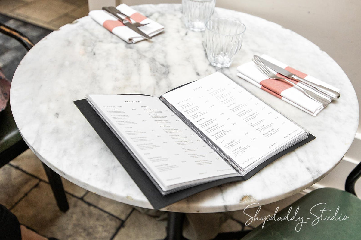 Restaurant Antique Black Recycled Leather Menu Cover With Plastic Sleeves