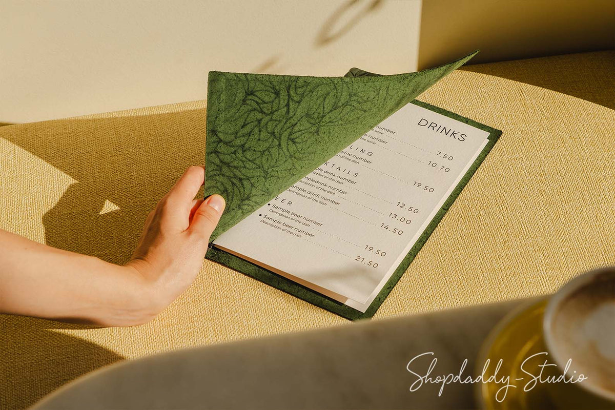 Restaurant Green Leather Menu Cover with Leaf Pattern