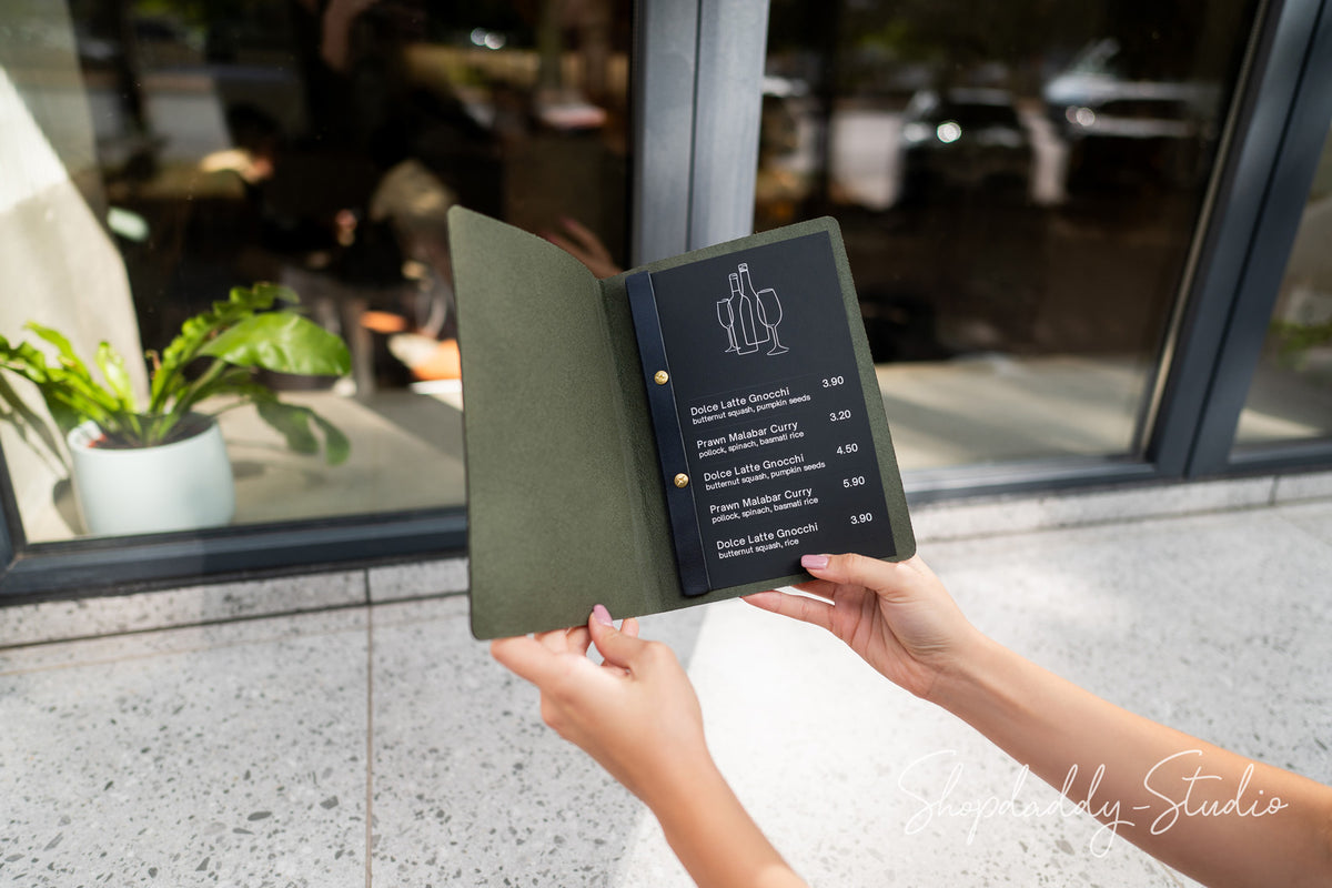Green Thick Leather Menu Cover with Plank