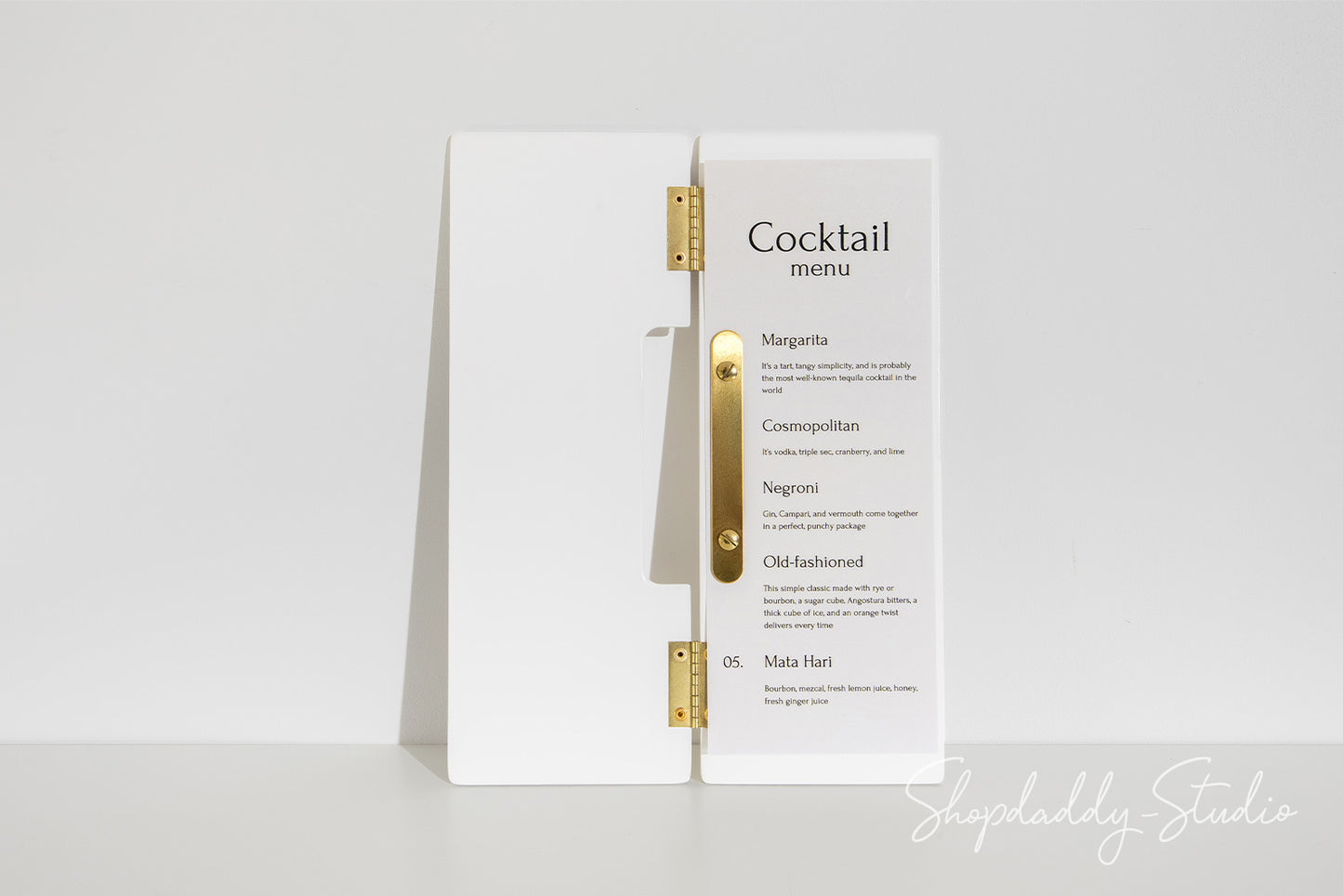 Restaurant White Wooden Album / Menu Holder with Brass Plank