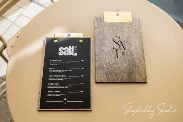Rustic Walnut Menu Holder with Brass Wall Mount