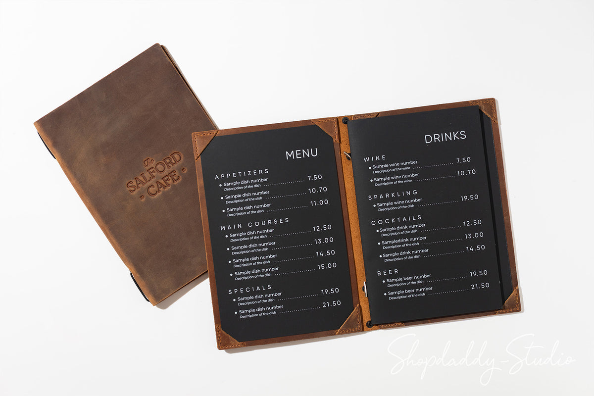 Rusty Double Leather Menu Cover with Corners and elastic band