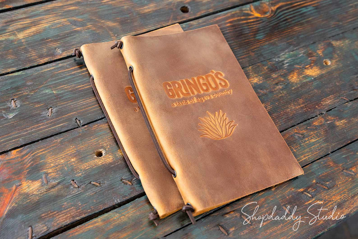 Rusty Leather Menu Cover with Leather Lace with blind embossing
