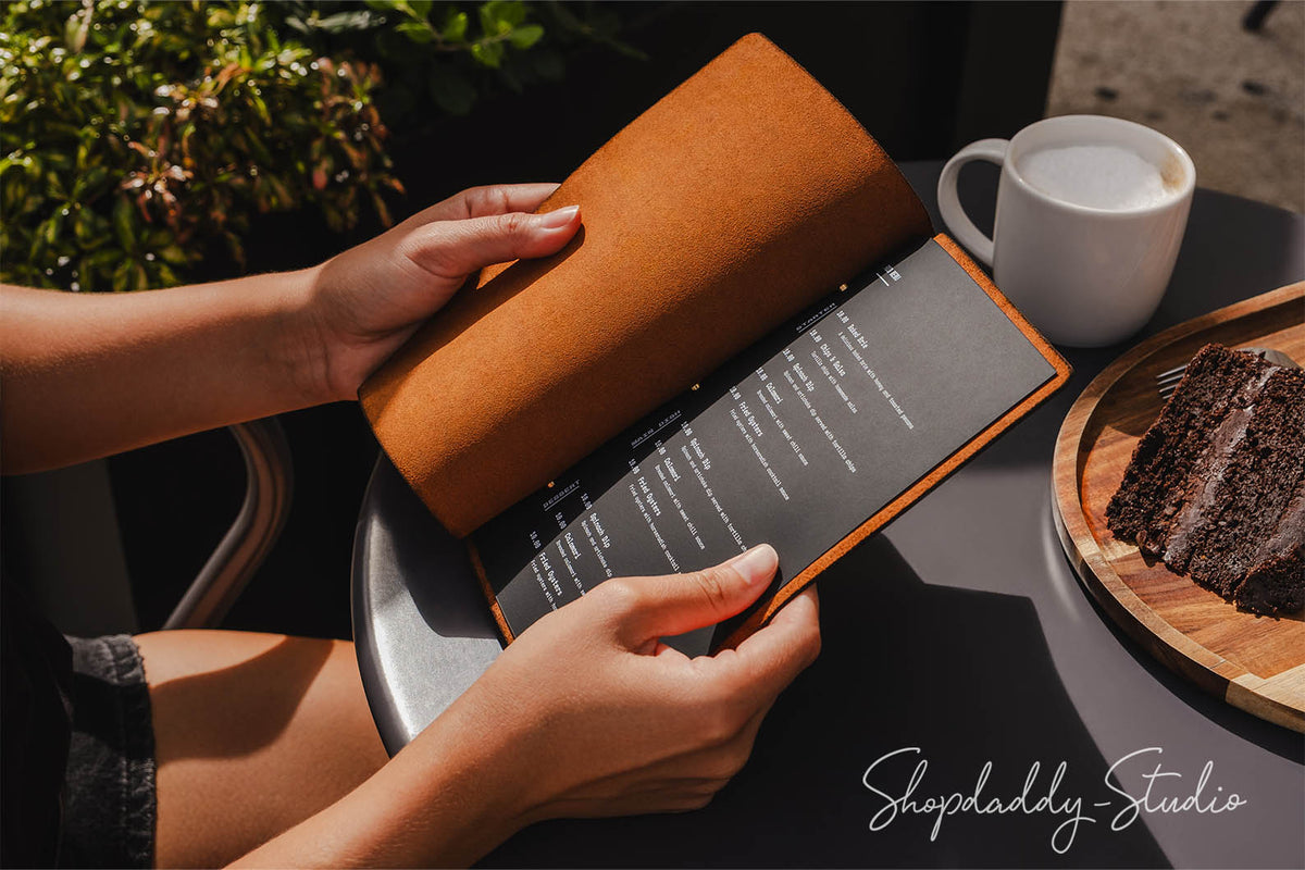 Rusty Leather Menu Cover with with Brass Bolt for Bar