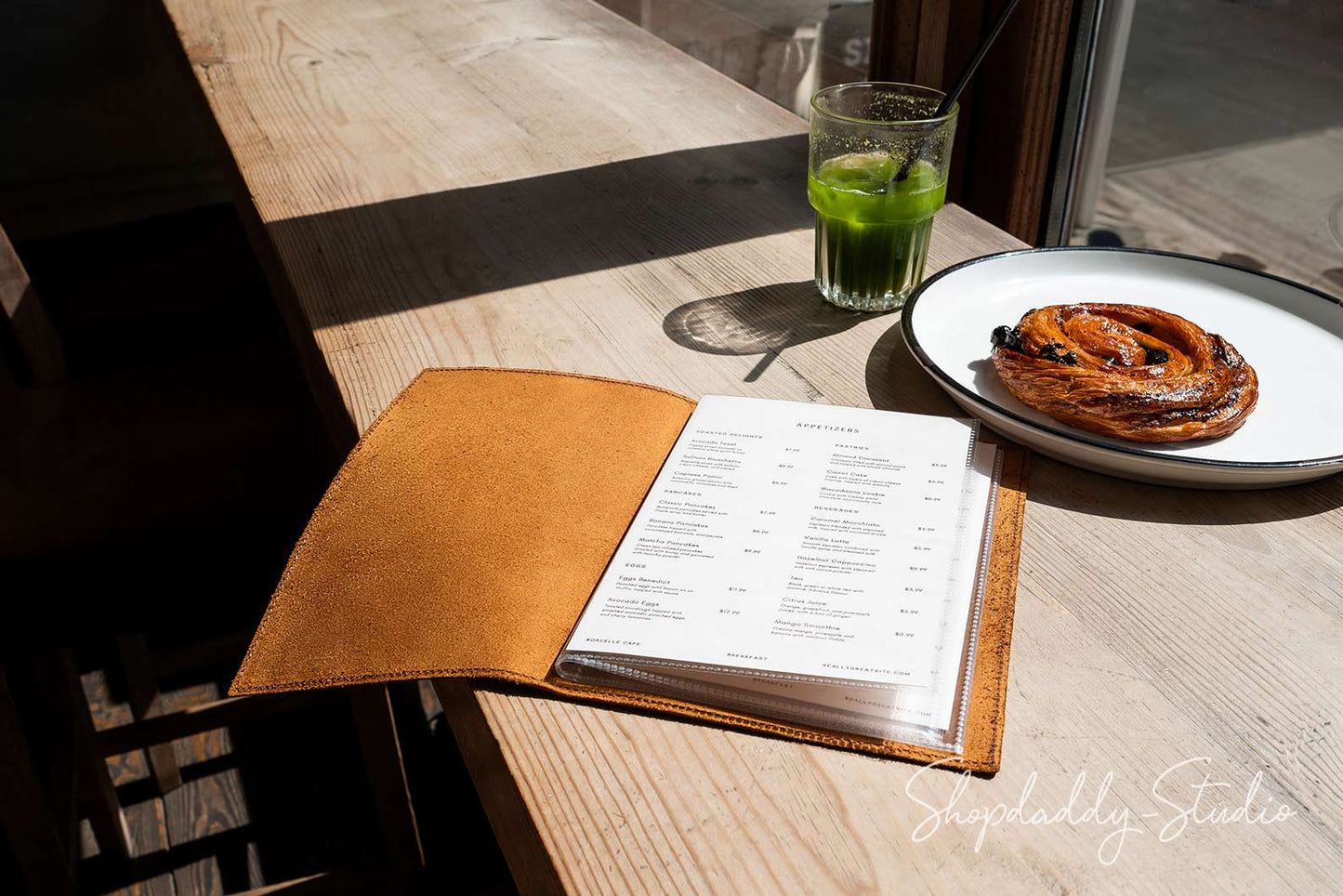 Rusty Leather Menu Holder with Plastic Sleeves