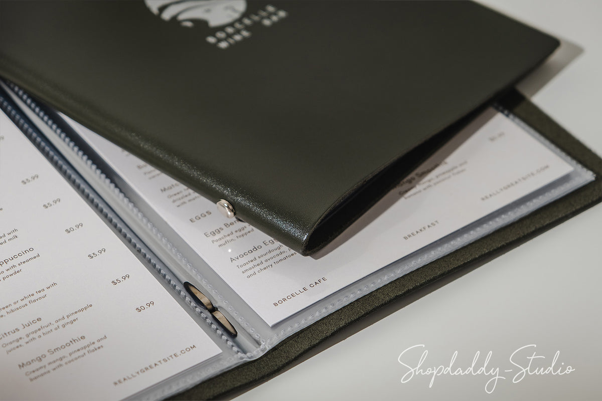 Green Thick Leather Menu Cover With Plastic Sleeves
