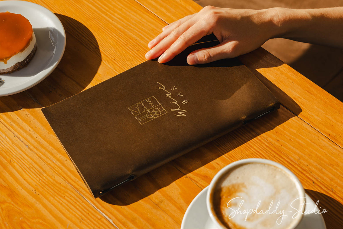 Custom Olive Leather Menu Cover with Elastic Band