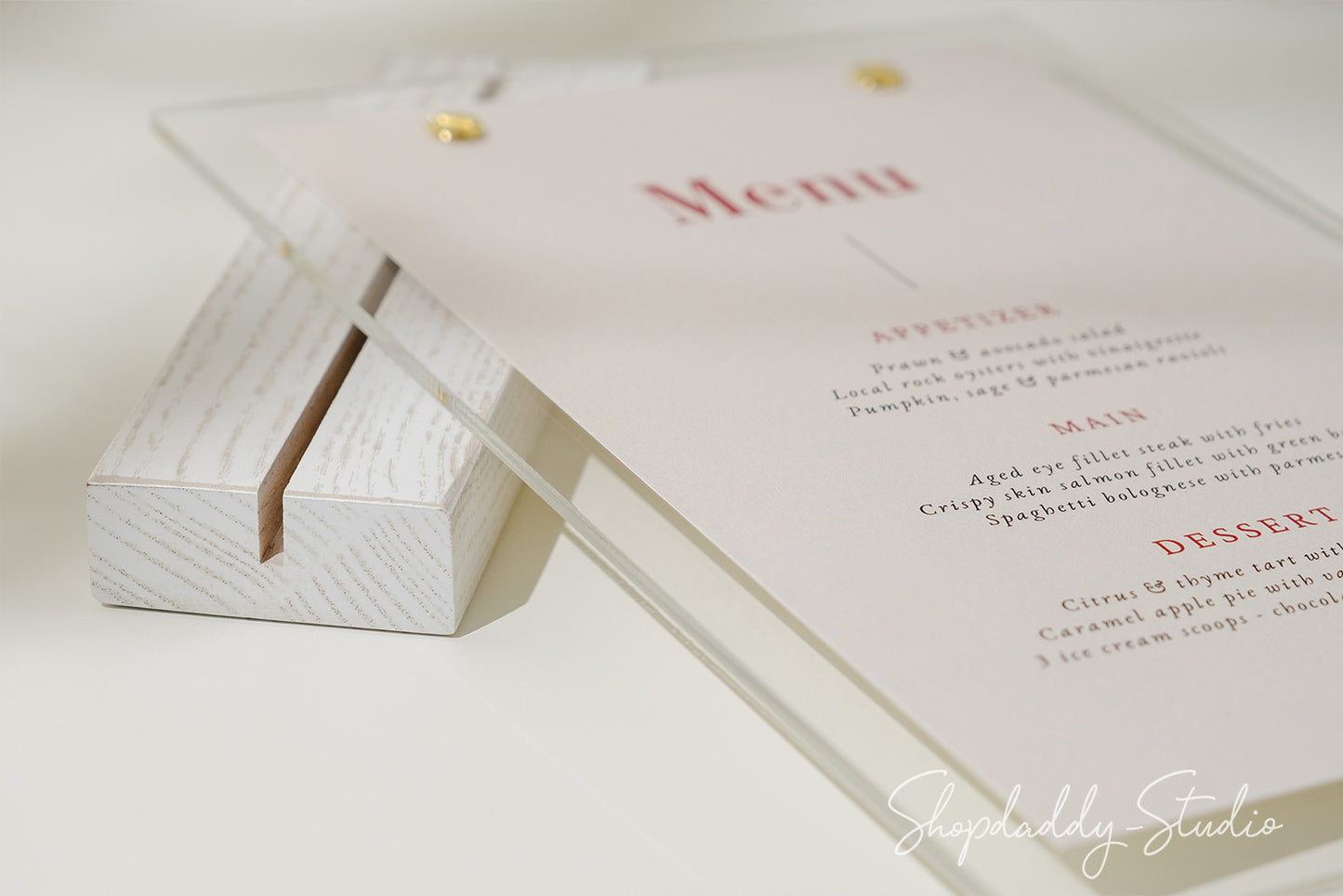 White Wooden/Acrylic Table Menu Stand for Hospitality