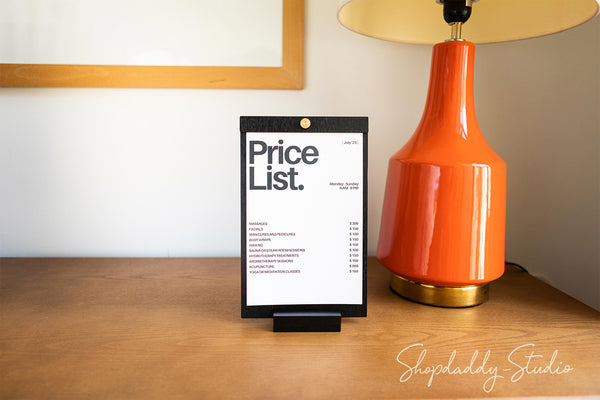 Stylish Black Angled Wooden Menu Holder with Brass Srew