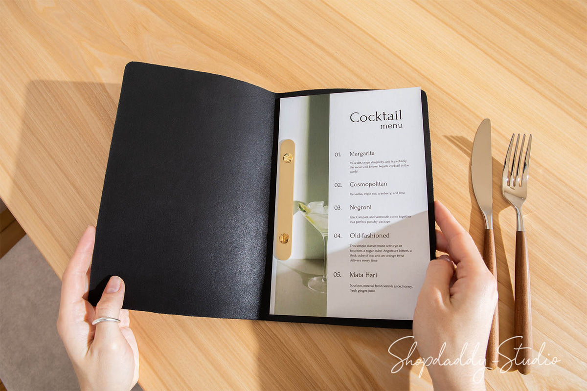 Stylish Black Leather Menu Cover Book Minimalist